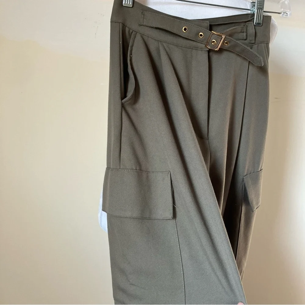 Zara Army Green Cropped Wide Leg Cargo Pant Trousers size XS